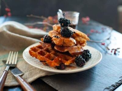 Spicy Gluten-Free Chicken and Cheddar Waffles with Blackberry-Maple Syrup