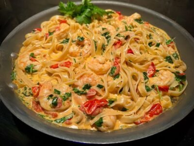 Fettuccine with Shrimp, Tomatoes, and Spinach Cream Sauce