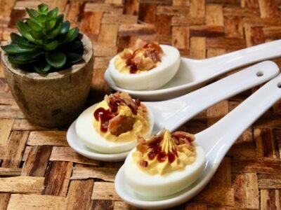 Sriracha Deviled Eggs with Bacon