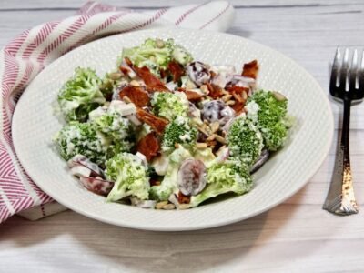 Broccoli Salad with Red Grapes, Bacon, and Sunflower Seeds