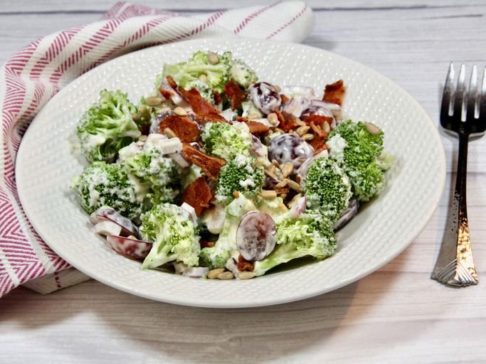 Broccoli Salad with Red Grapes, Bacon, and Sunflower Seeds